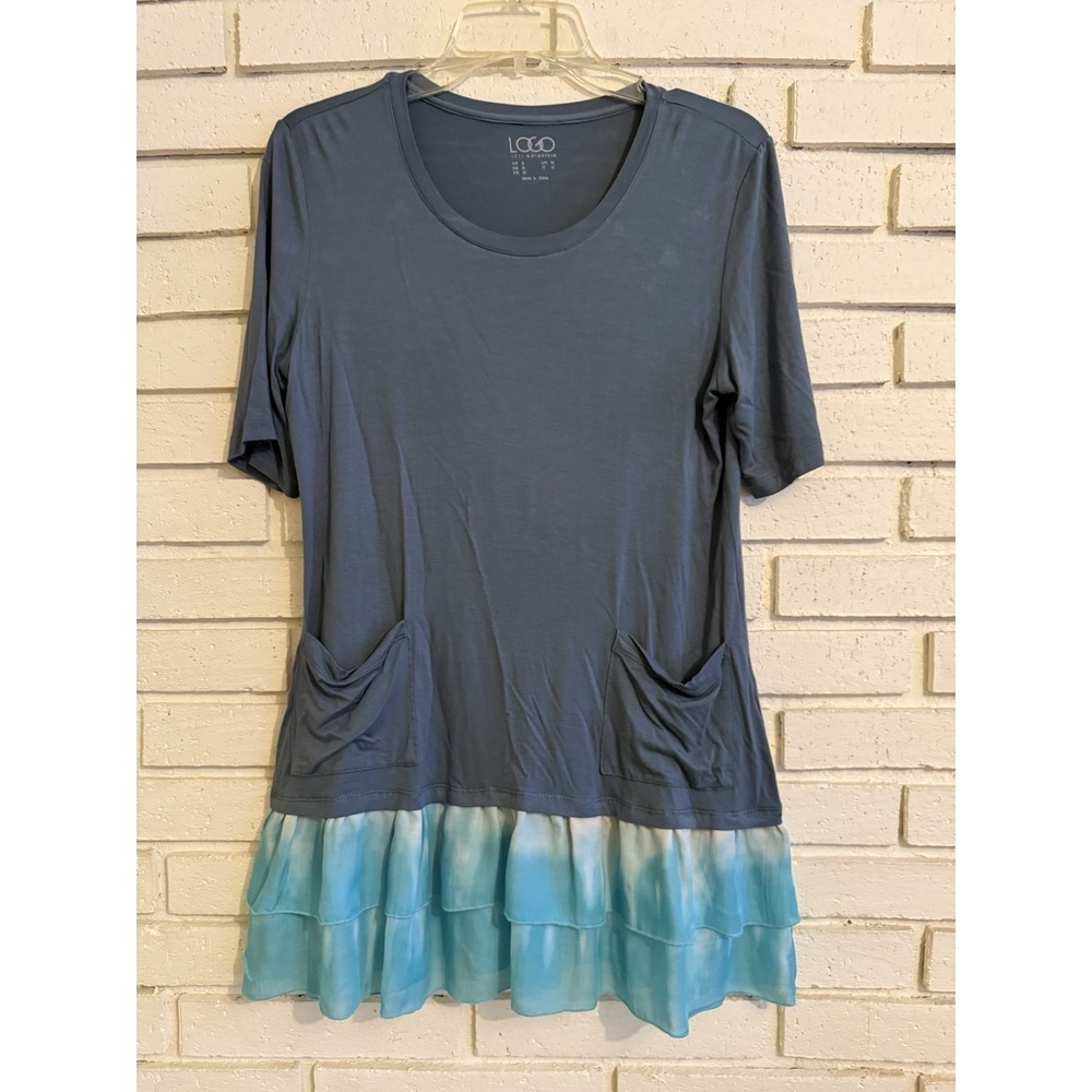 LOGO By Lori Goldstein Gray Knit Short Sleeve Top with Chiffon Underlay Sz Small